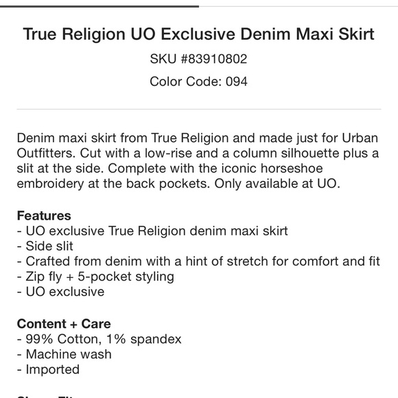 NWT True Religion Urban Outfitters Exclusive denim maxi high leg slit skirt - Picture 6 of 6